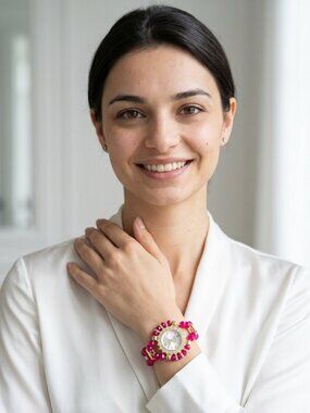 Vintage Style Gold & Hot Pink Beaded Quartz Watch Rhinestone Accents